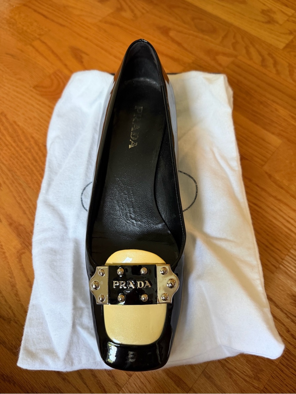 Prada Black Patent Leather Flat with Cream Toe Accent and Logo Plate